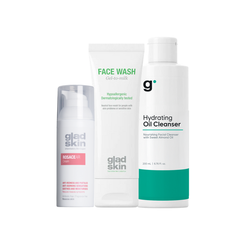 Face Wash, Rosacear Cream, Hydrating Oil Cleanser side by side